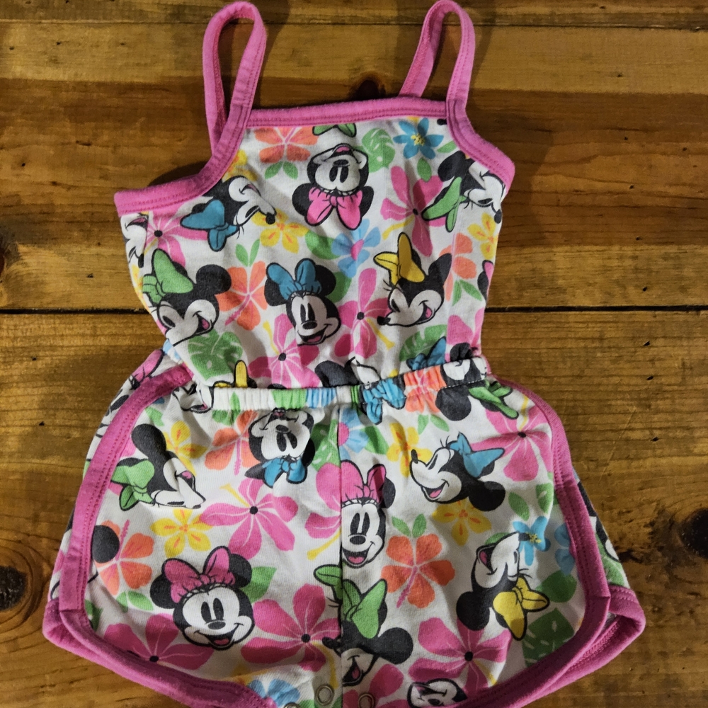 Disney Pink Minnie Mouse Floral Romper with Multicolor Flowers